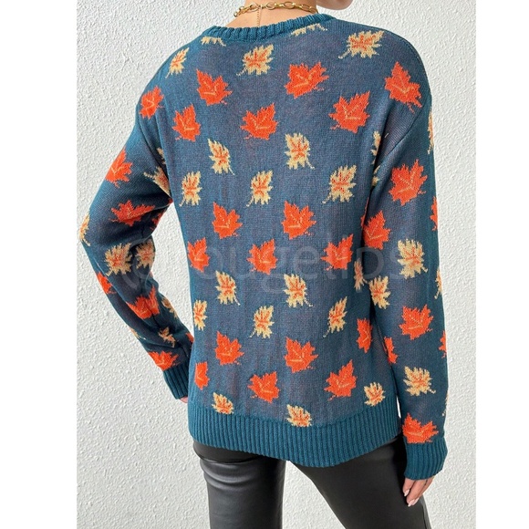 Leaf Print Knit Sweater Pullover for Fall Autumn Dark Teal/Green - Picture 5 of 6